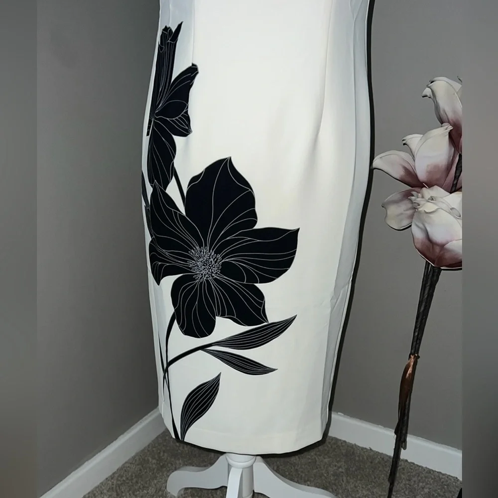 NWT ✨Ann Taylor White Midi Dress with Black Floral Motif Size 00 Petite - Picture 5 of 7
